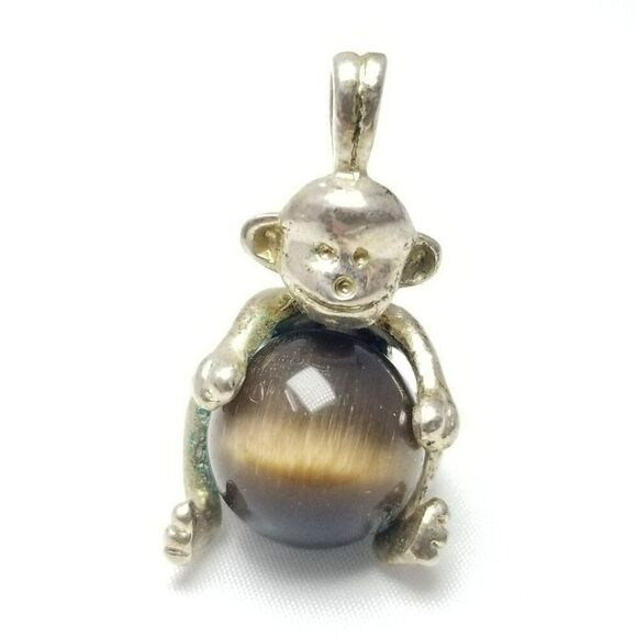 Vintage Little Monkey Holding Brown Catseye Glass Ball Pendant Charm Silver Tone - Picture 1 of 7